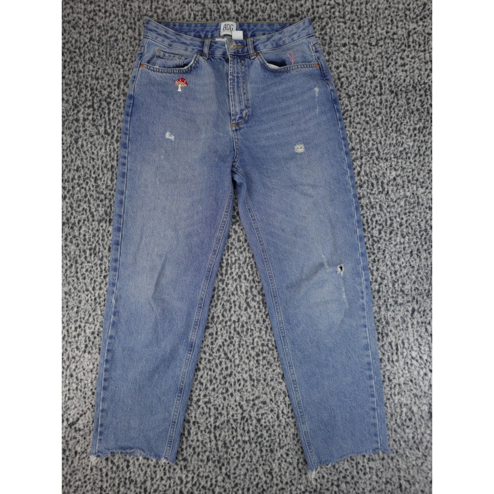BDG Mom Jeans Womens W27 Light Blue Embroidered Mushroom Distressed Raw Hem